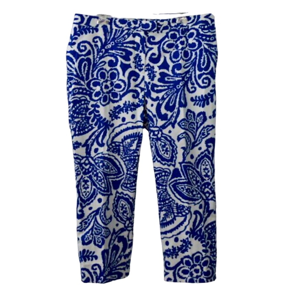 Chicos Pants Womens 14 Chicos 2.5 Lotus Blossom II Crop Ultimate Fit Blue White